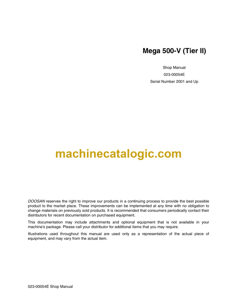 Doosan Daewoo Mega 500-V Wheel Loader Shop Manual (Serial Number 2001 and Up)