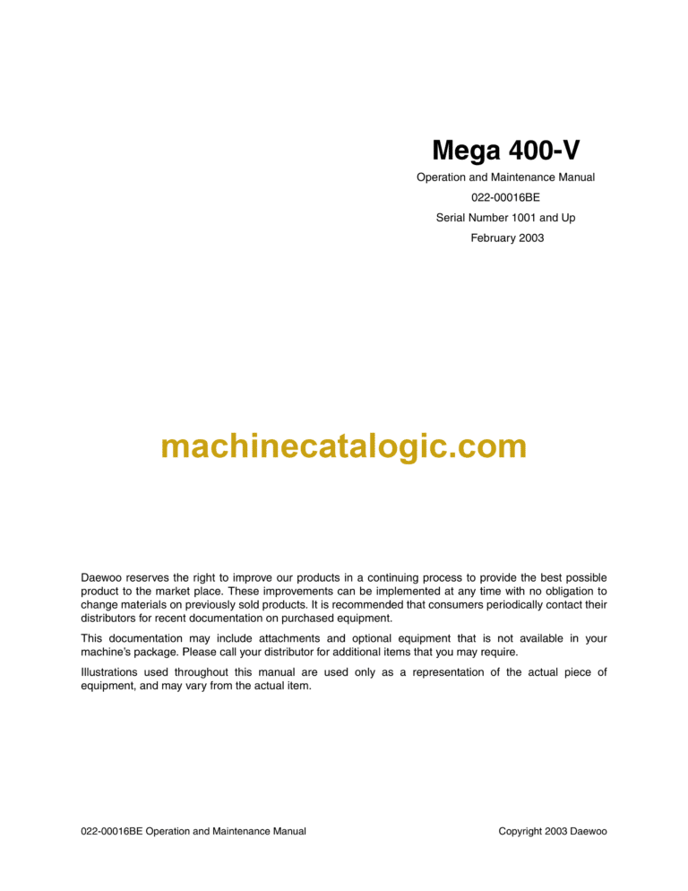 Daewoo Mega 400-V Wheel Loader Operation and Maintenance Manual (Serial Number 1001 and Up)
