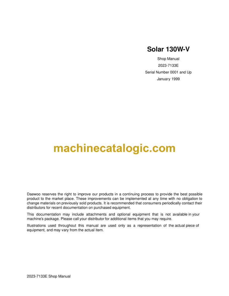 Doosan Solar 130W-V Wheel Excavator Shop Manual (Serial Number 0001 and Up)