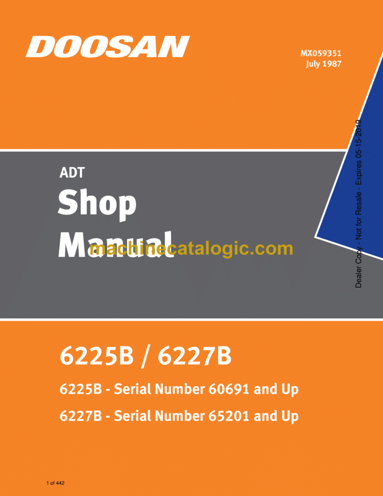 Doosan 6225B, 6227B Articulated Dump Truck Shop Manual (6225B - Serial Number 60691 and Up 6227B - Serial Number 65201 and Up)