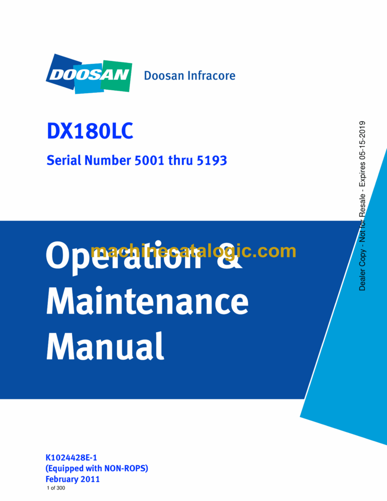Doosan DX180LC Excavator Operation and Maintenance Manual (Serial Number 5001 thru 5193)