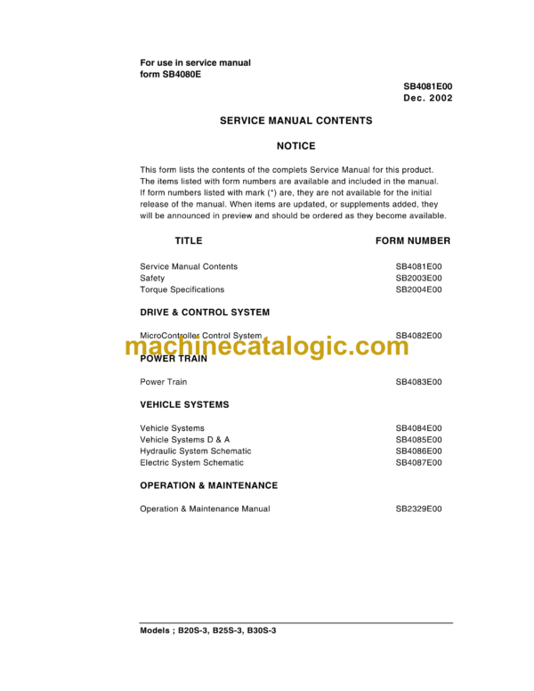 Doosan B20S-3, B25S-3, B30S-3 Forklift Service Manual