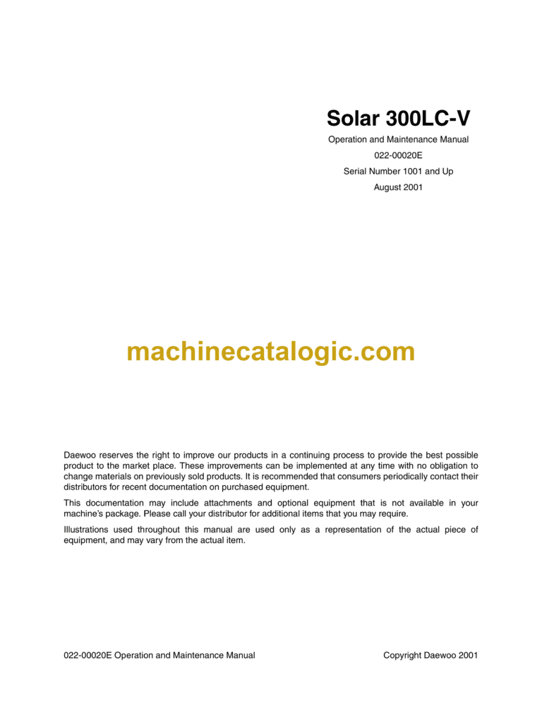 Daewoo Solar 300LC-V Excavator Operation and Maintenance Manual (Serial Number 1001 and Up)