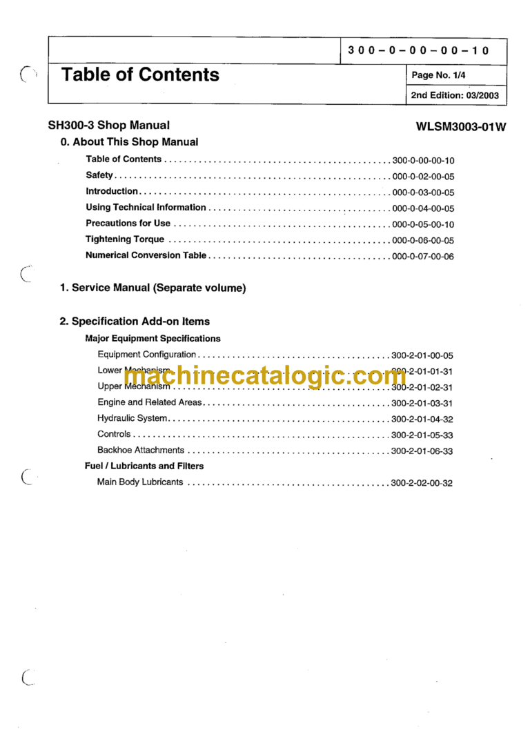Sumitomo SH300-3 Hydraulic Excavator Shop Manual (WSLM3003-01W)