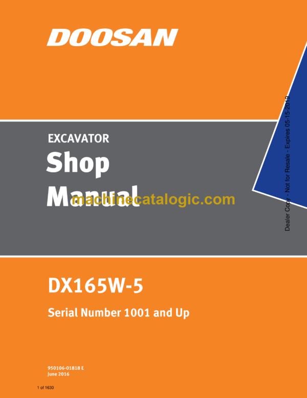 Doosan DX165W-5 Wheeled Excavator Shop Manual (Serial Number 1001 and Up)