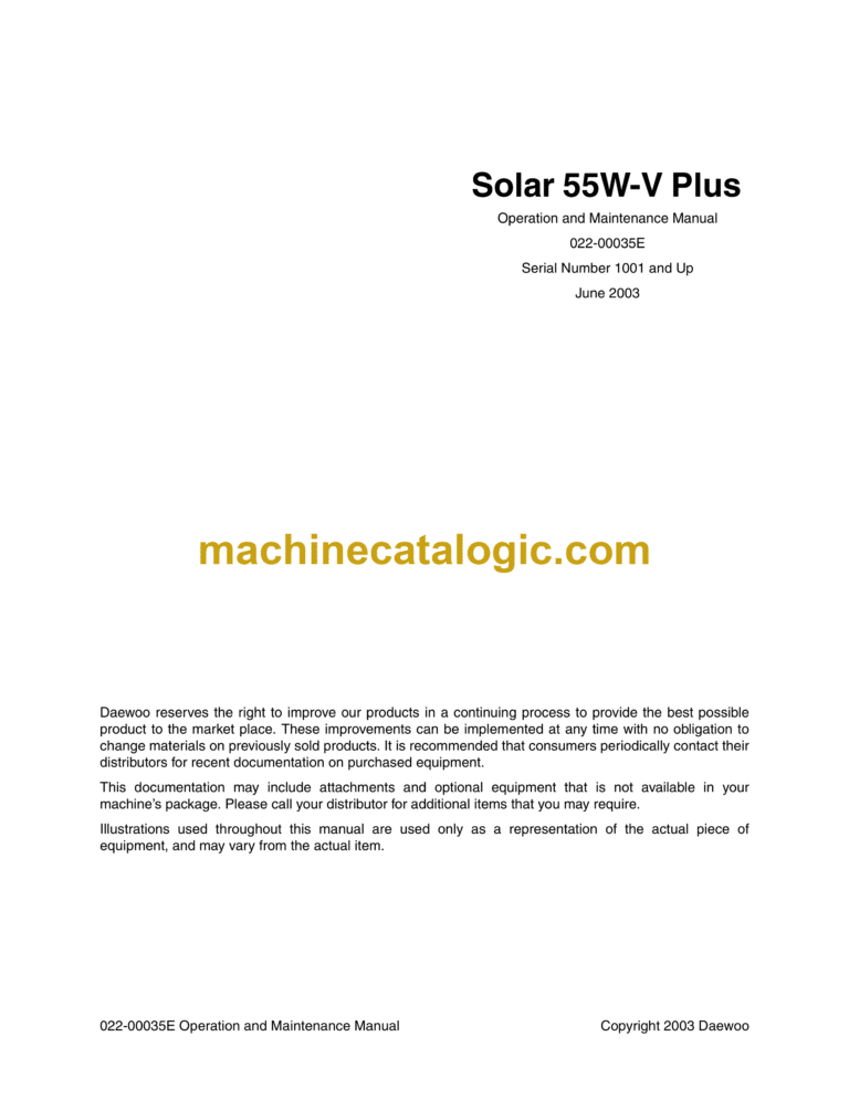 Daewoo Solar 55W-V Plus Excavator Operation and Maintenance Manual (Serial Number 1001 and Up)