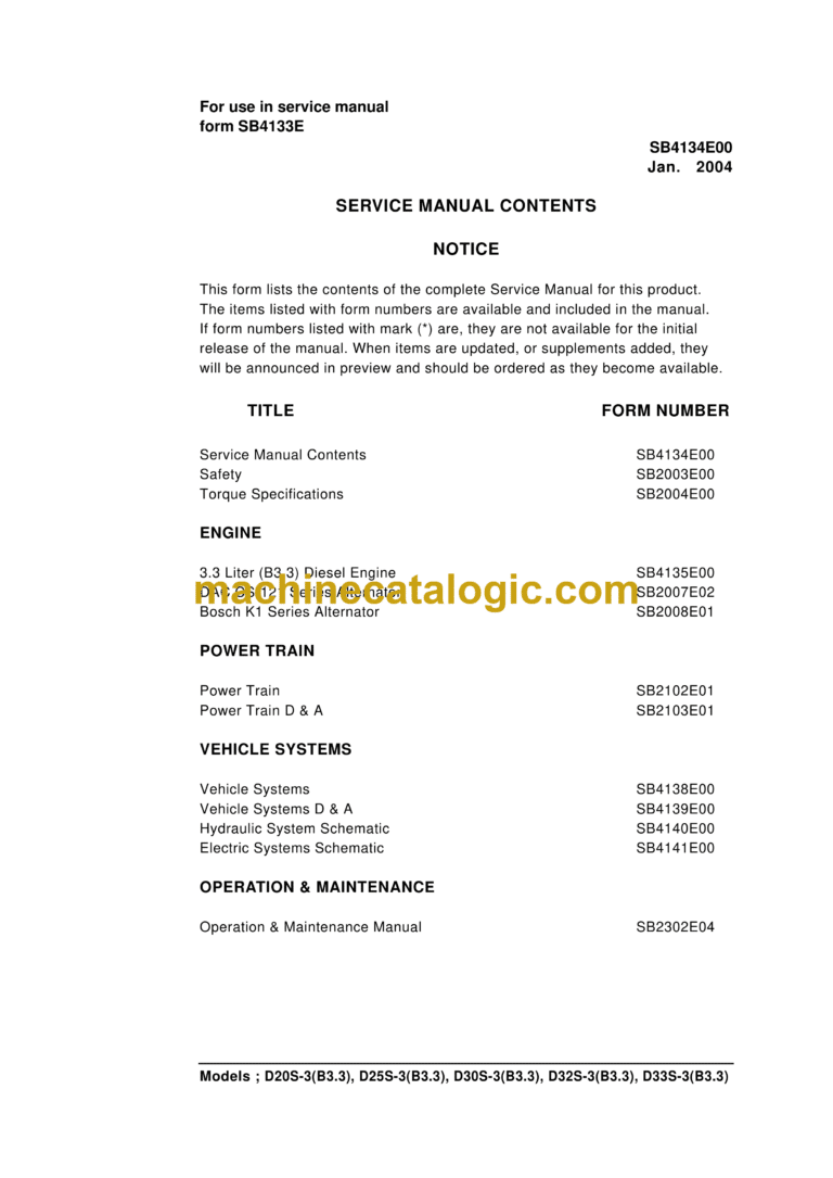 Daewoo D20S-3(B3.3), D25S-3(B3.3), D30S-3(B3.3), D32S-3(B3.3), D33S-3(B3.3) Lift Truck Service Manual