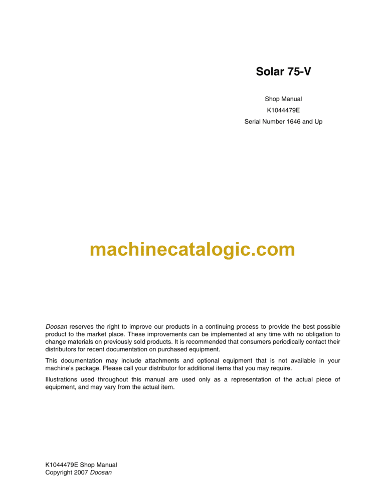 Doosan Solar 75-V Excavator Shop Manual (Serial Number 1646 and Up)