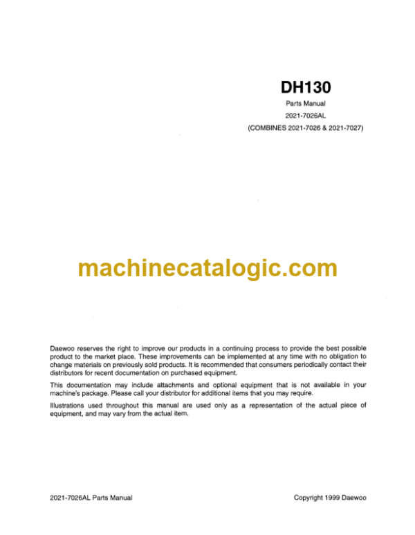 Daewoo DH130 Excavator Parts Manual (2021-7026AL)