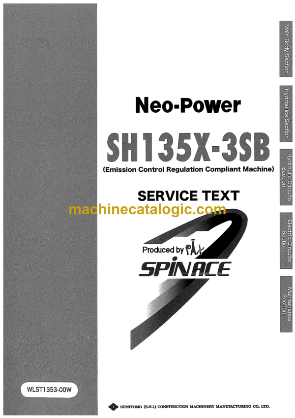 Sumitomo SH135X-3SB Hydraulic Excavator Service Text (WLST1353-00W)
