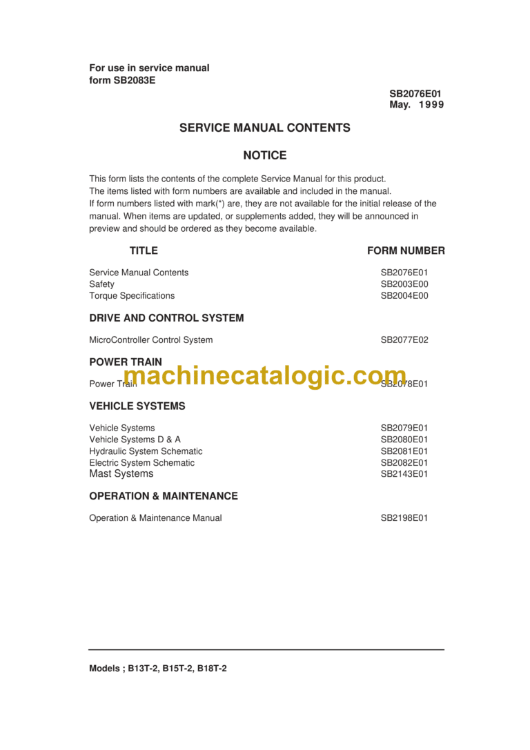 Daewoo B13T-2, B15T-2, B18T-2 Lift Truck Service Manual