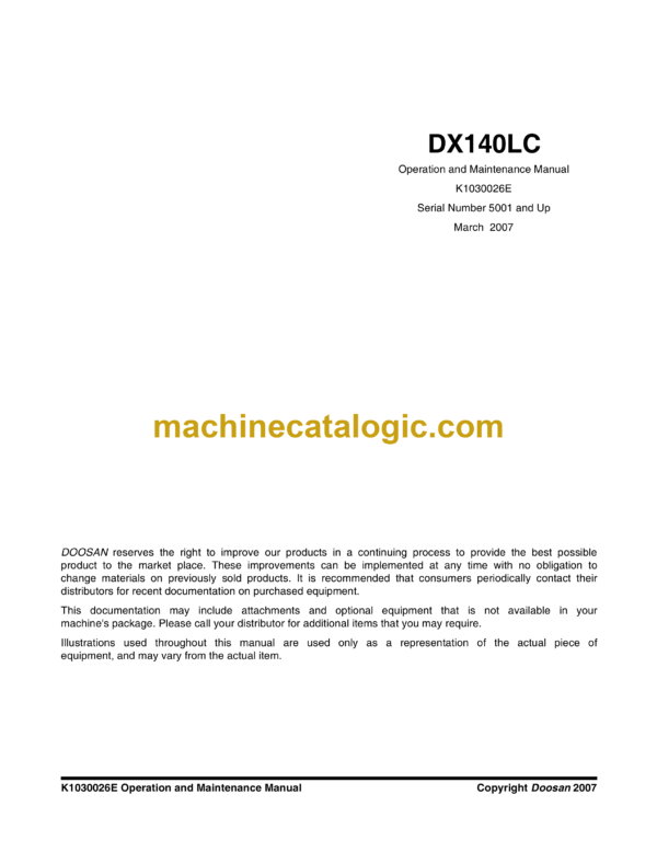 Doosan DX140LC Excavator Operation and Maintenance Manual (Serial Number 5001 and Up)