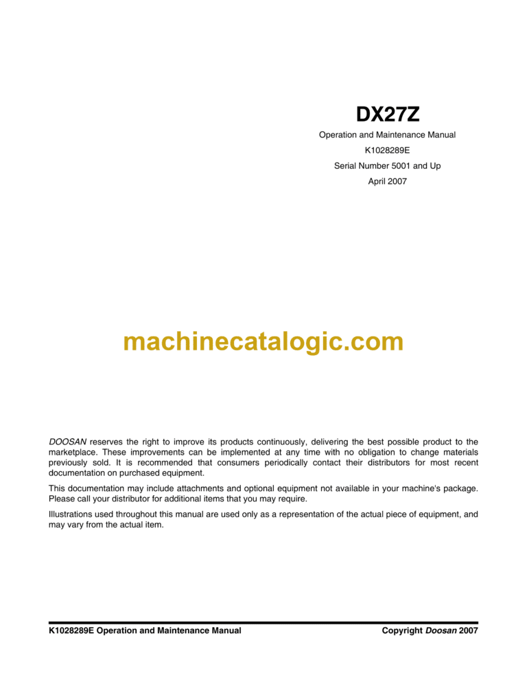 Doosan DX27Z Excavator Operation and Maintenance Manual (Serial Number 5001 and Up)
