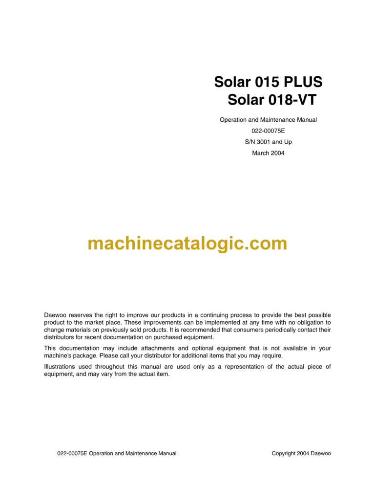 Daewoo Solar 015 Plus, Solar 018-VT Excavator Operation and Maintenance Manual (Serial Number 3001 and Up)