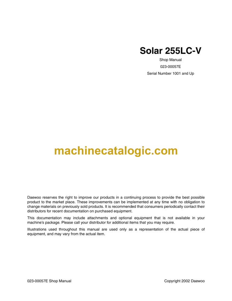 Doosan Solar 255LC-V Excavator Shop Manual (Serial Number 1001 and Up)