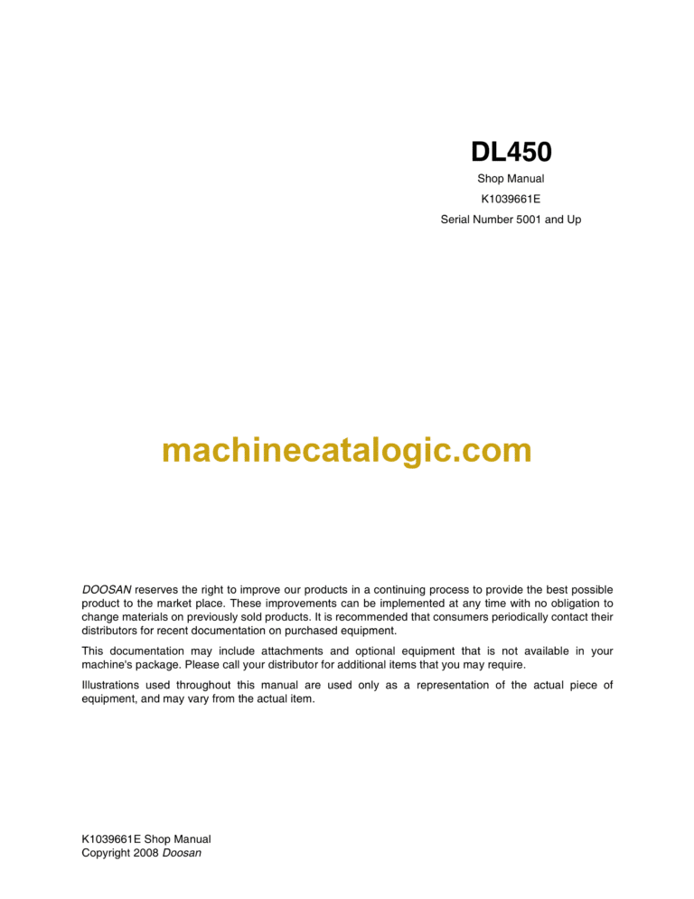 Doosan DL450 Wheel Loader Shop Manual (Serial Number 5001 and Up)