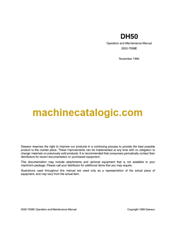 Daewoo DH50 Excavator Operation and Maintenance Manual (2022-7058E)