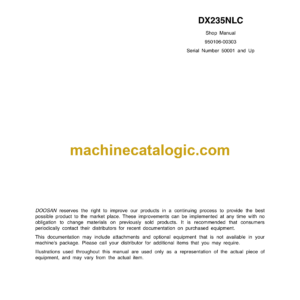 Doosan DX235NLC Hydraulic Excavator Shop Manual (Serial Number 50001 and Up)