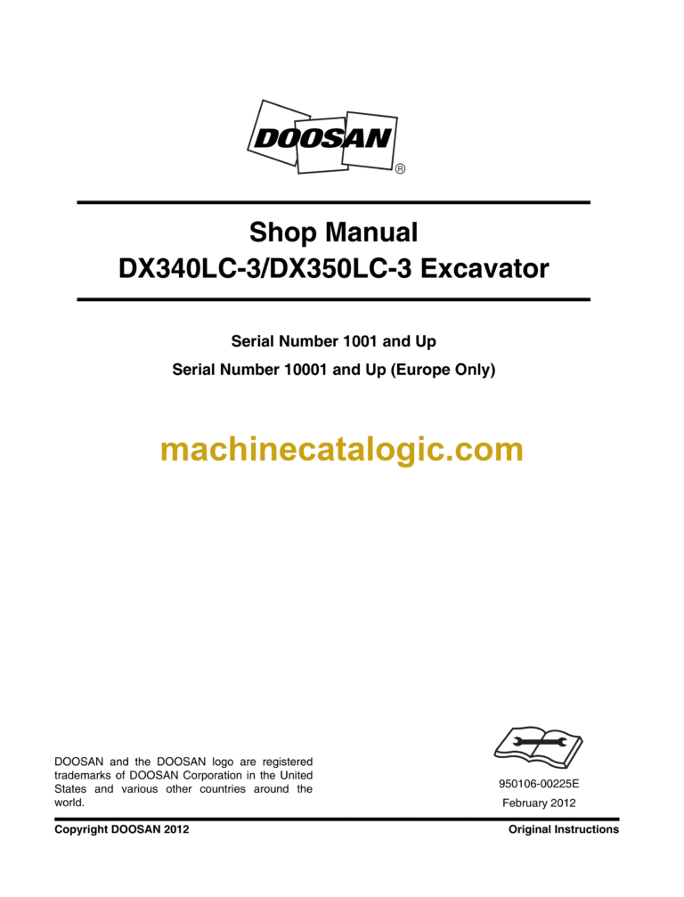 Doosan DX340LC-3, DX350LC-3 Hydraulic Excavator Shop Manual (Serial Number 1001 and Up)