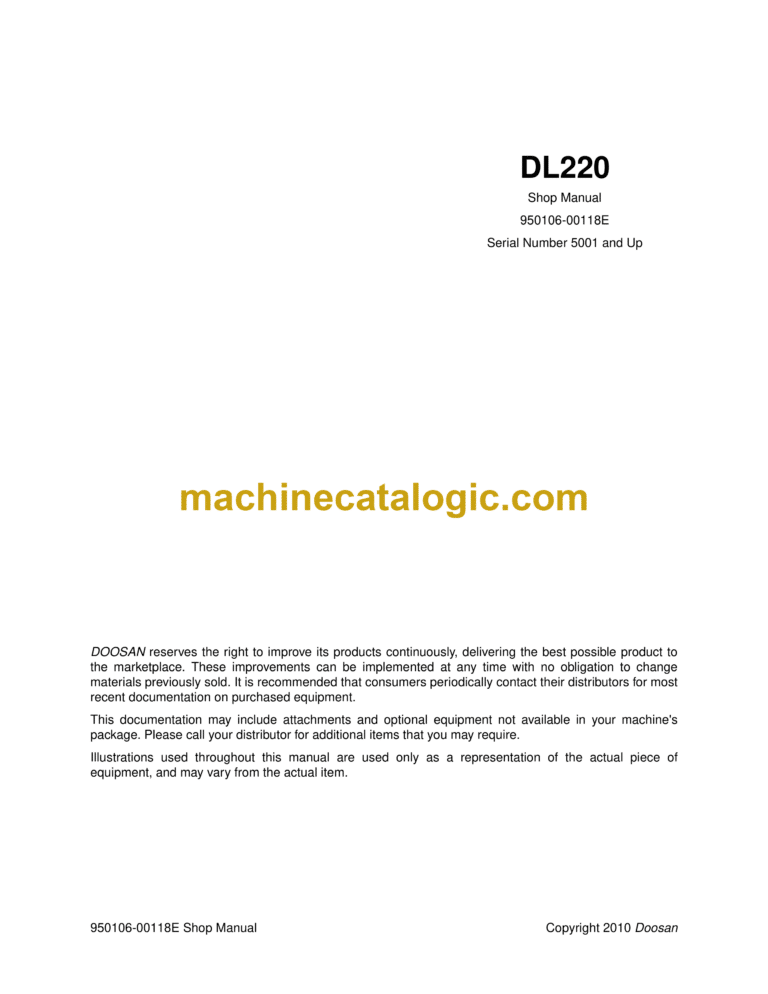 Doosan DL220 Wheel Loader Shop Manual (Serial Number 5001 and Up)