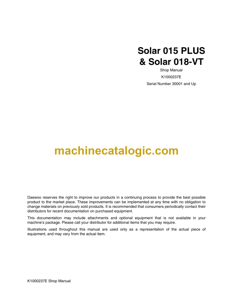 Doosan Daewoo Solar 015 Plus, Solar 018-VT Excavator Shop Manual (Serial Number 30001 and Up)