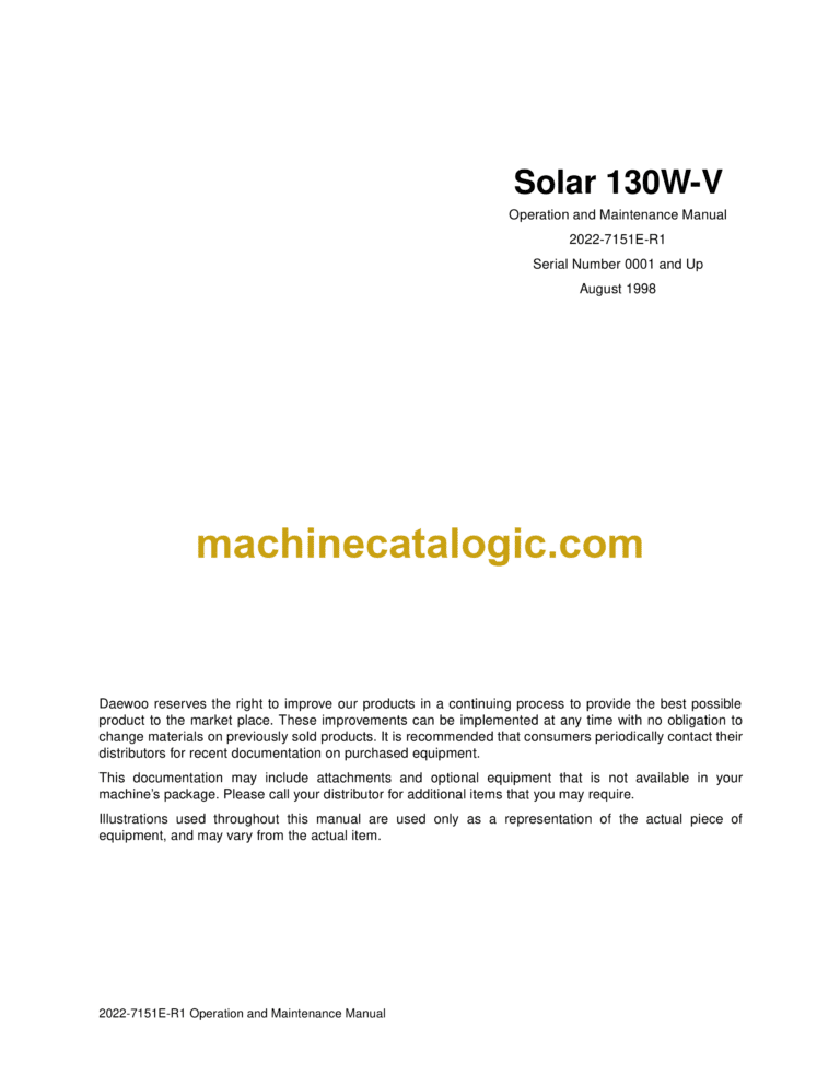 Daewoo Solar 130W-V Wheeled Excavator Operation and Maintenance Manual (Serial Number 0001 and Up)