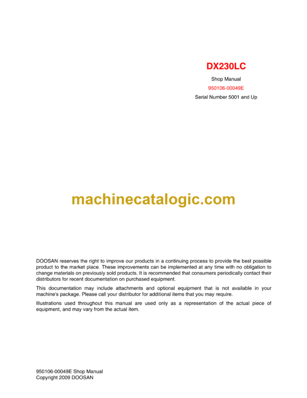 Doosan DX230LC Hydraulic Excavator Shop Manual (Serial Number 5001 and Up)