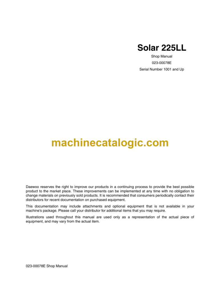 Doosan Daewoo Solar 225LL Excavator Shop Manual (Serial Number 1001 and Up)