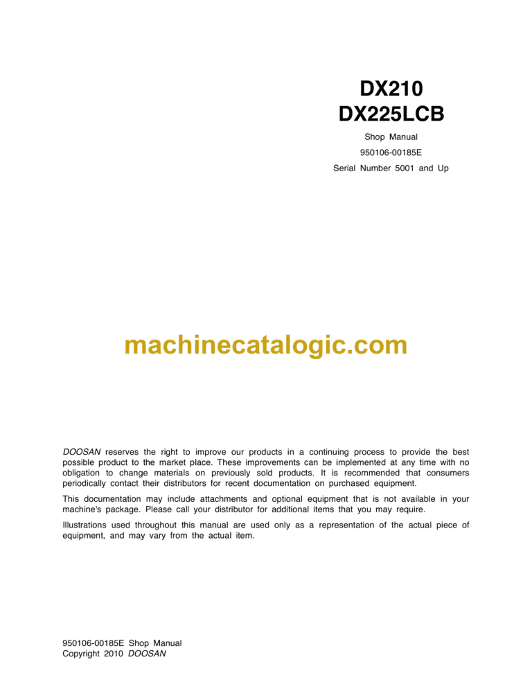 Doosan DX210, DX225LCB Hydraulic Excavator Shop Manual (Serial Number 5001 and Up)