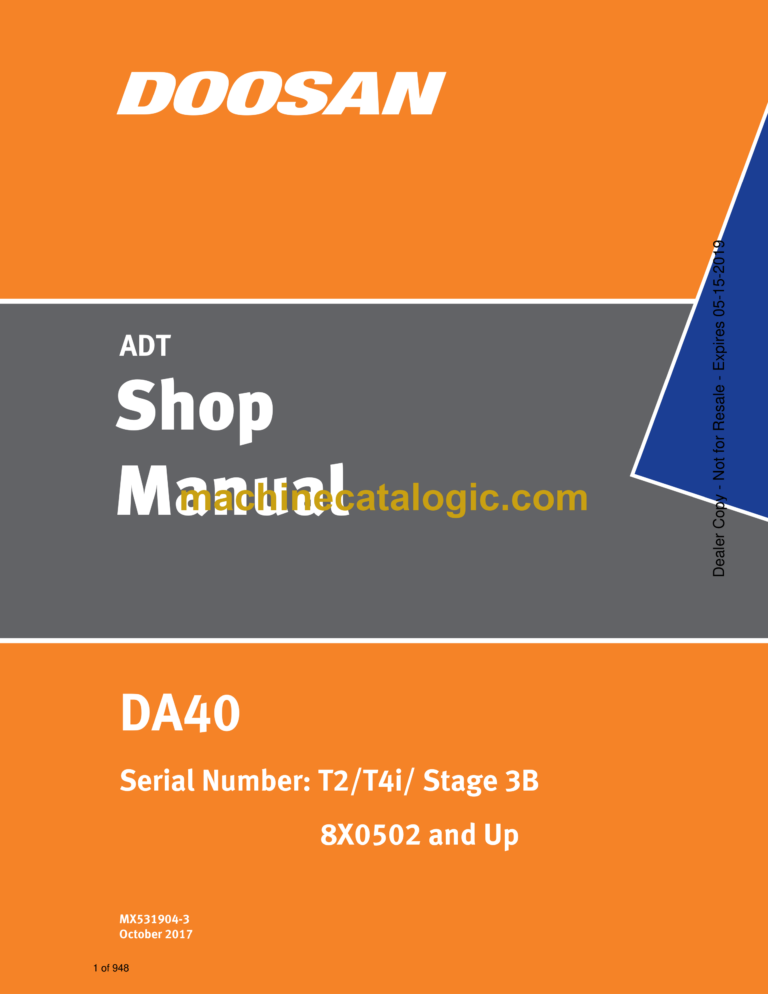Doosan DA40 Articulated Dump Truck Shop Manual (T2, T4i, Stage 3B 8X0502 and Up)