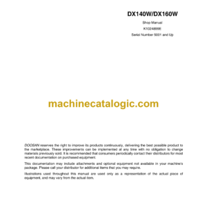 Doosan DX140W, DX160W Wheeled Excavator Shop Manual (Serial Number 5001 and Up)