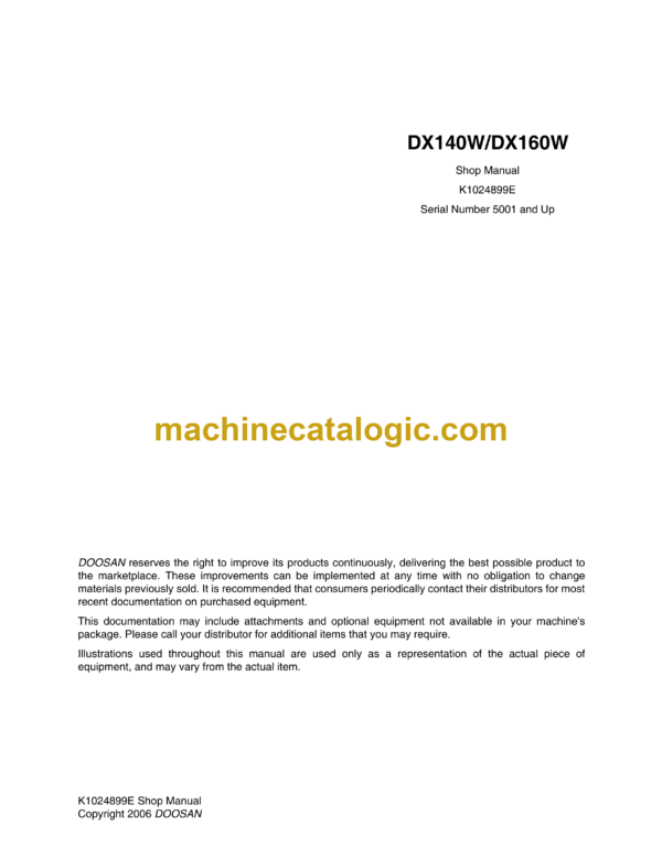 Doosan DX140W, DX160W Wheeled Excavator Shop Manual (Serial Number 5001 and Up)