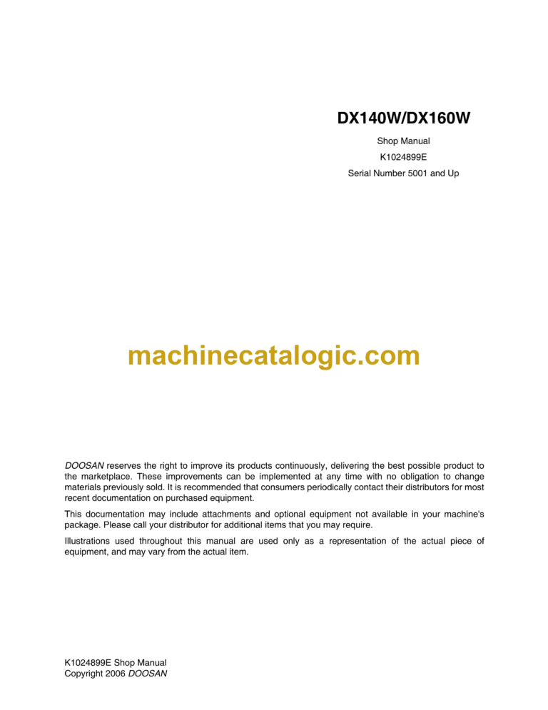Doosan DX140W, DX160W Wheeled Excavator Shop Manual (Serial Number 5001 and Up)