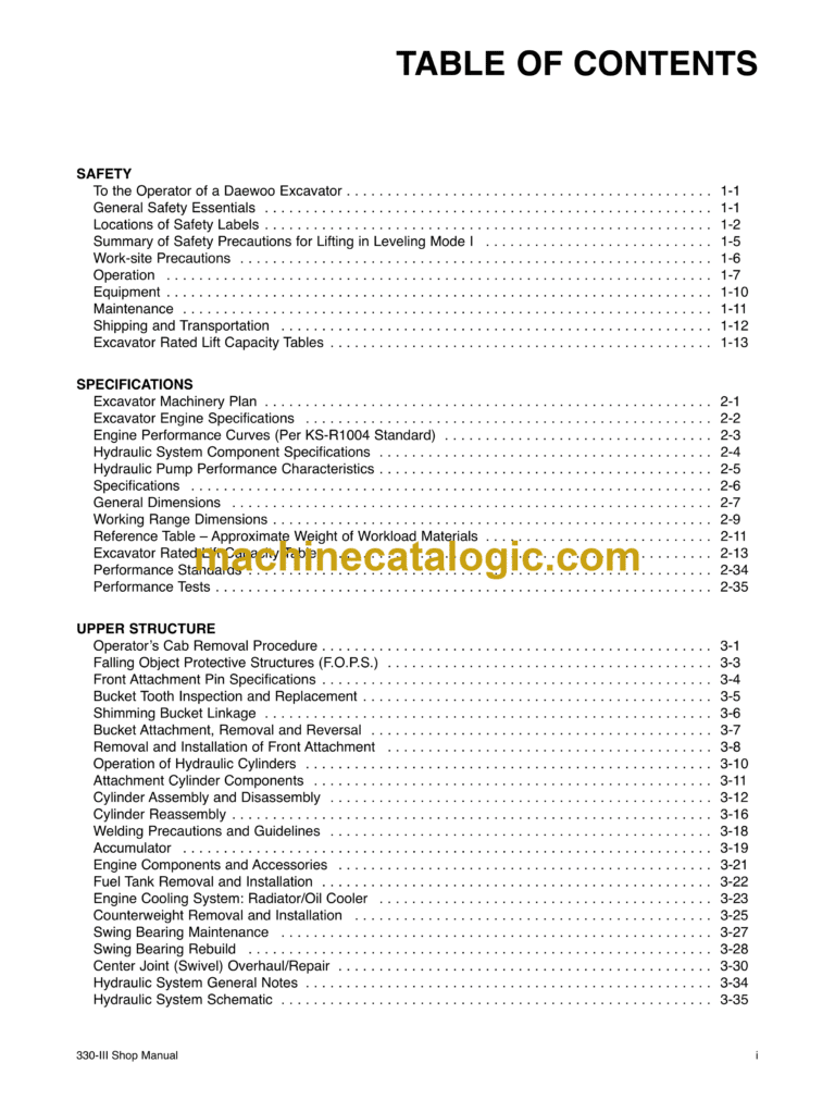Doosan Solar 330LC-3 Excavator Shop Manual