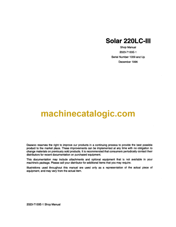 Doosan Daewoo Solar 220LC-3 Excavator Shop Manual (Serial Number 1039 and Up)