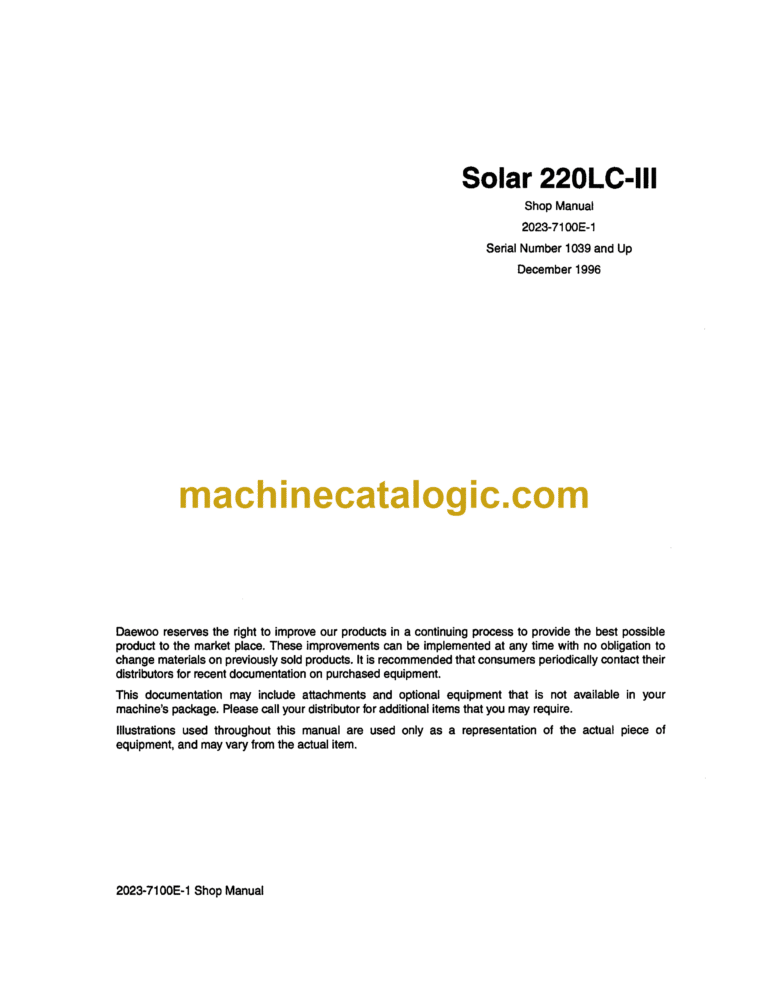 Doosan Daewoo Solar 220LC-3 Excavator Shop Manual (Serial Number 1039 and Up)