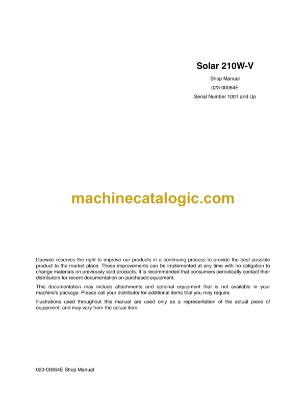 Doosan Solar 210W-V Wheel Excavator Shop Manual (Serial Number 1001 and Up)