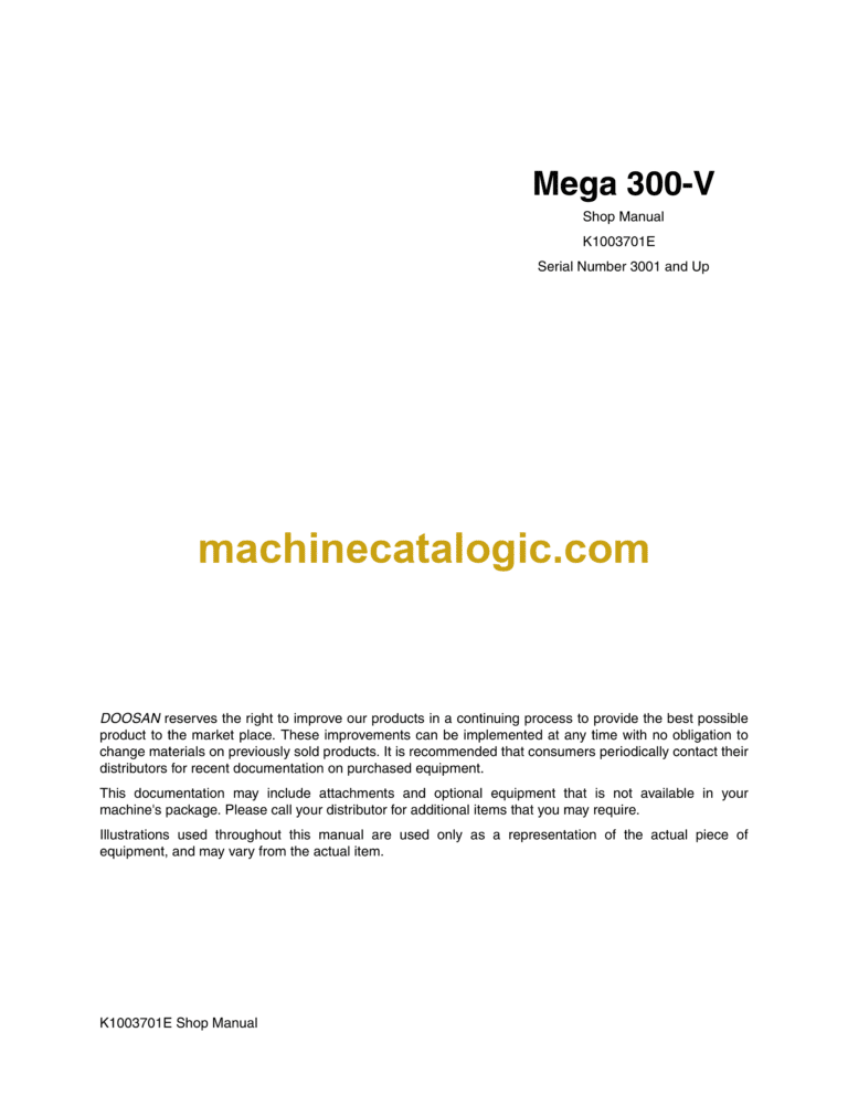 Doosan Mega 300-V Wheel Loader Shop Manual (Serial Number 3001 and Up)