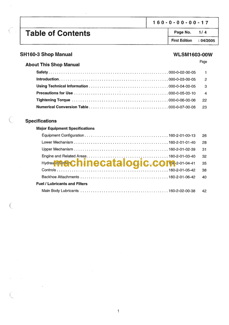 Sumitomo SH160-3 Hydraulic Excavator Shop Manual (WLSM1603-00W)