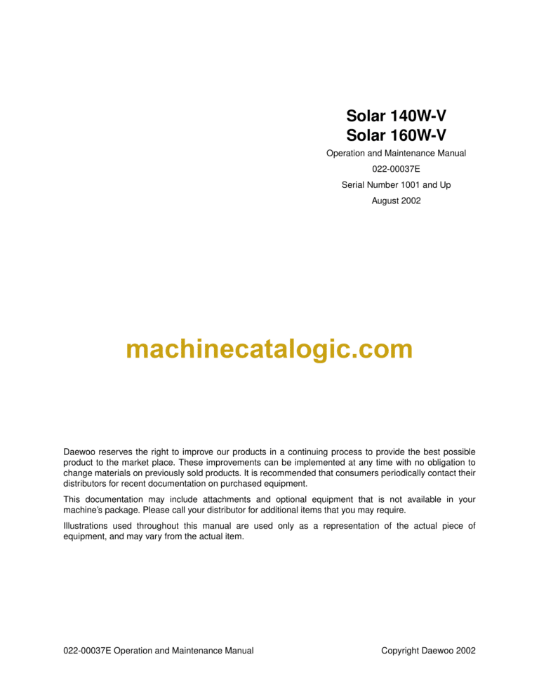 Daewoo Solar 140W-V, Solar 160W-V Excavator Operation and Maintenance Manual (Serial Number 1001 and Up)