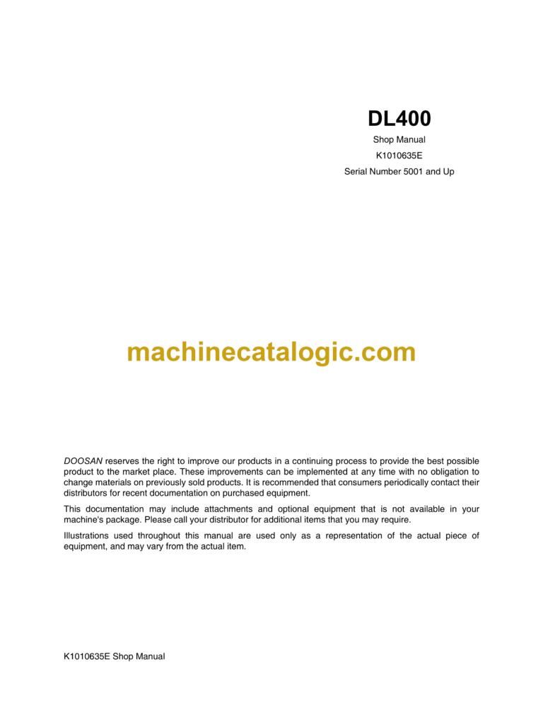 Doosan DL400 Wheel Loader Shop Manual (Serial Number 5001 and Up)