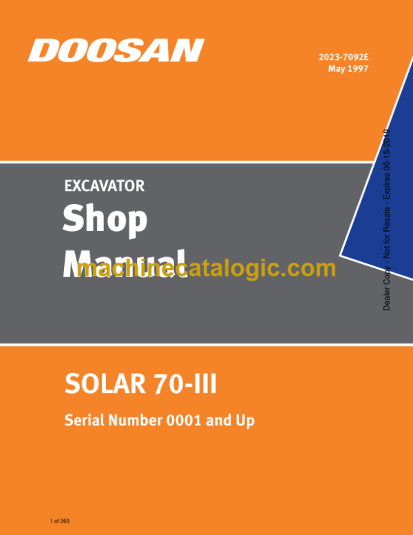 Doosan Solar 70-3 Excavator Shop Manual (Serial Number 0001 and Up)