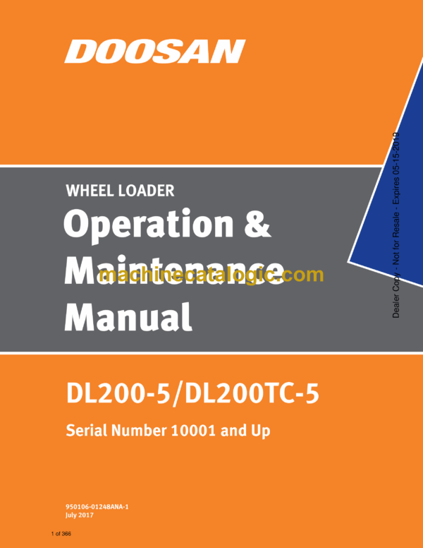 Doosan DL200-5, DL200TC-5 Wheel Loader Operation and Maintenance Manual (Serial Number 10001 and Up)