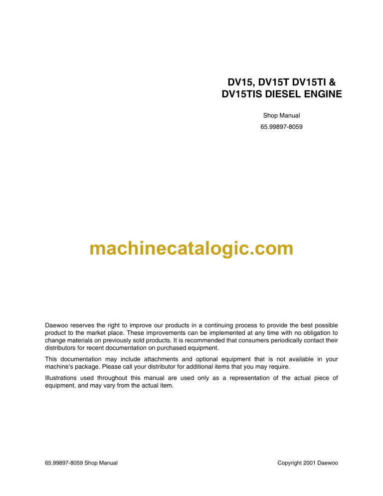 Doosan DV15, DV15T DV15TI & DV15TIS Diesel Engine Shop Manual (65.99897-8059)