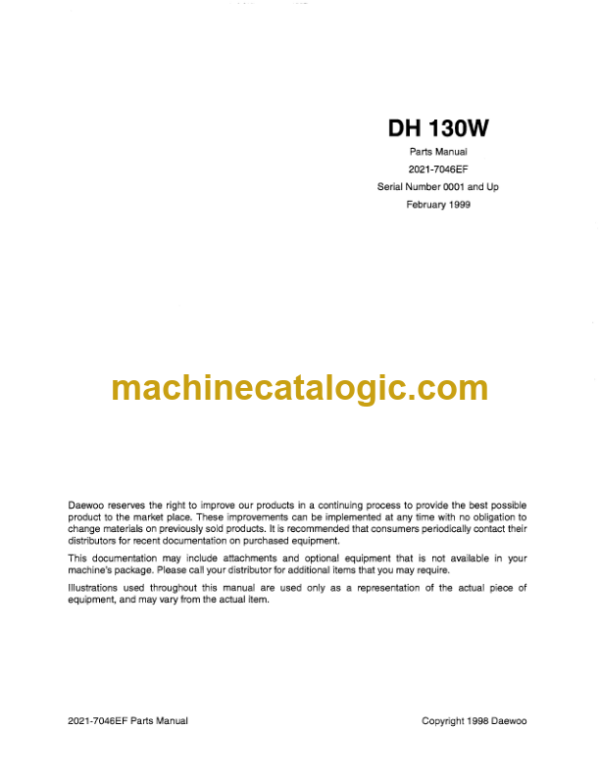 Doosan DH130W Wheeled Excavator Parts Manual (Serial Number 0001 and Up)