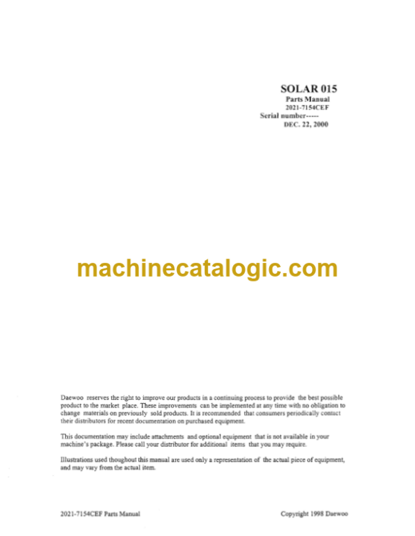 Daewoo Solar 015 Excavator Parts Manual