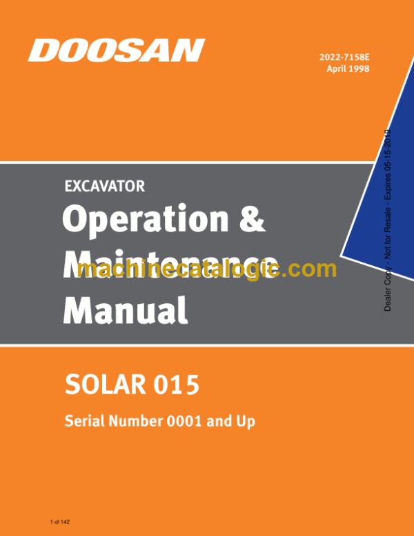 Doosan Solar 015 Excavator Operation and Maintenance Manual (Serial Number 0001 and Up)