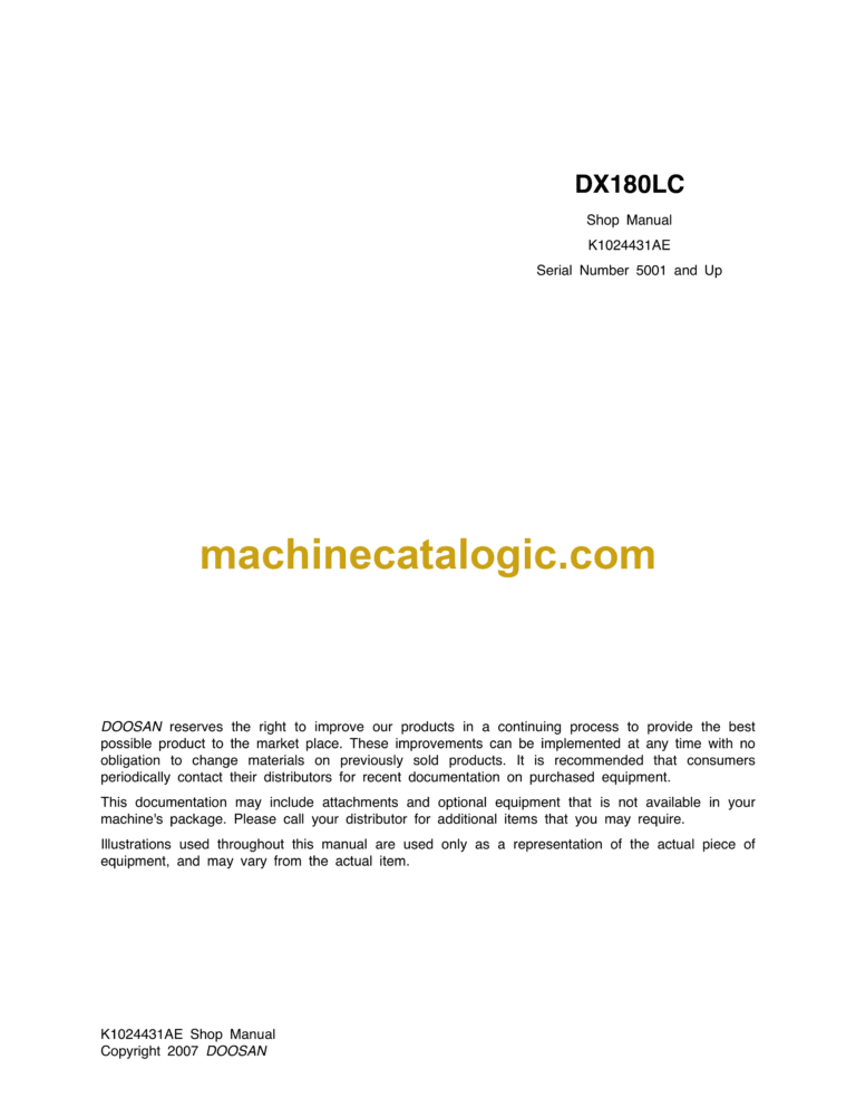 Doosan DX180LC Hydraulic Excavator Shop Manual (Serial Number 5001 and Up)