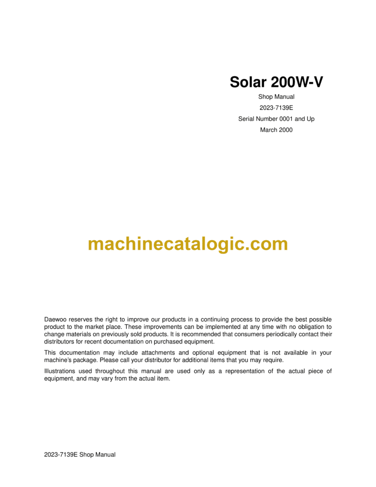 Doosan Solar 200W-V Wheel Excavator Shop Manual (Serial Number 0001 and Up)