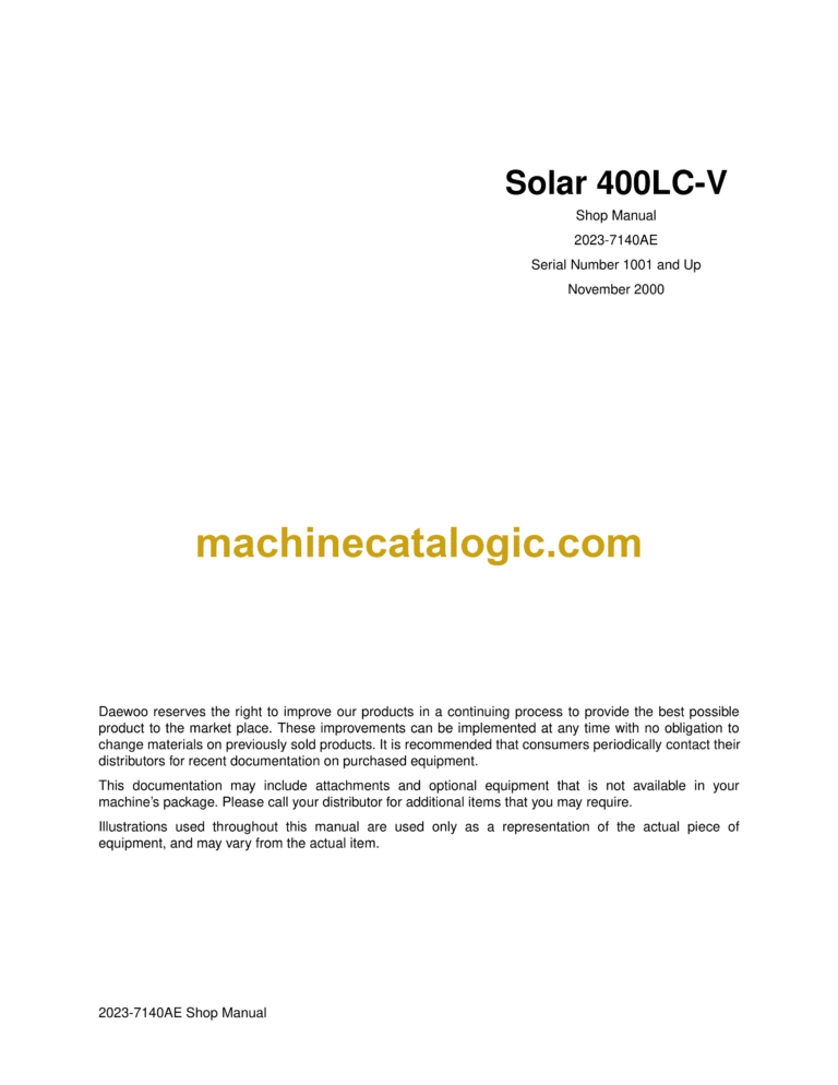 Doosan Solar 400LC-V Excavator Shop Manual (Serial Number 1001 and Up)